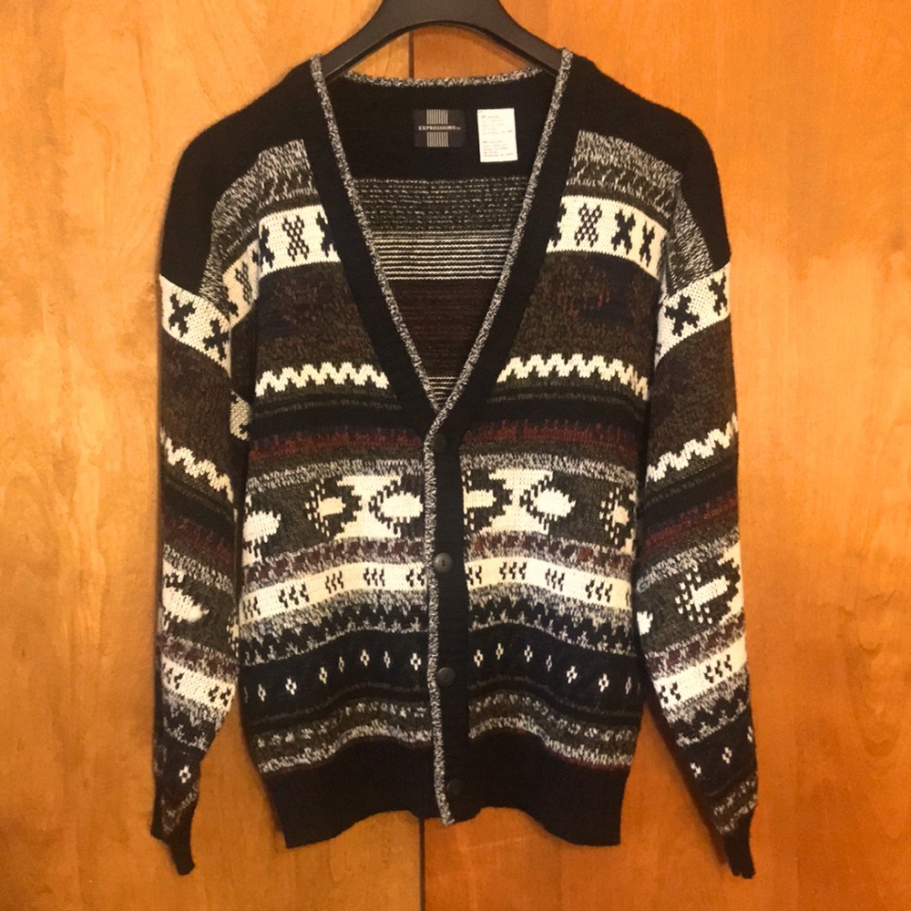 EXPRESSIONS Size Medium Black/White/Olive/Multi Half-Button V Style Sweater